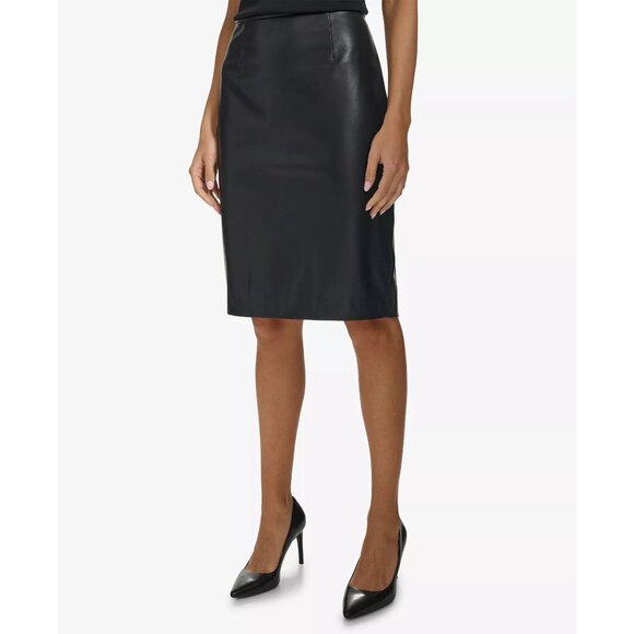 Calvin Klein Women's Black Luxe Faux-Leather Pencil Skirt NWT Size NWT - Picture 3 of 4